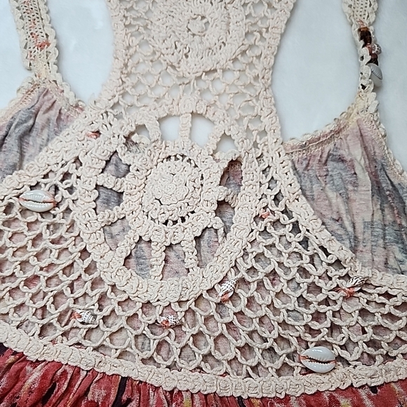 FREE PEOPLE Red Aztec Print Bohemian Top With Shell Detail - Picture 8 of 11